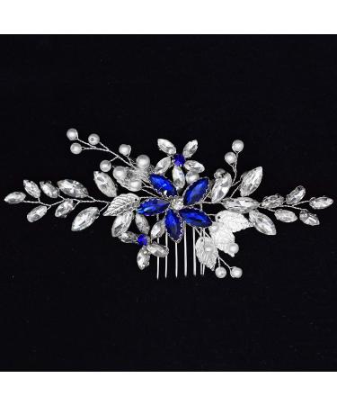 Wedding Hair Accessories  Fanvoes Hair Pieces Comb for Brides Bridal Silver Vintage Headpiece Clip Barrette Decorations Handmade Blue Sapphire Rhinestone Crystal Ivory Pearl for Women Girls Bridesmaid