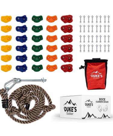 Duke's Outdoor Rock Climbing Holds Set for Kids - 30 Rock Climbing Wall Grips for Indoor & Outdoor Play Set, 8 Foot Knotted Climbing Rope, Chalk Bag & 3 DIY Videos