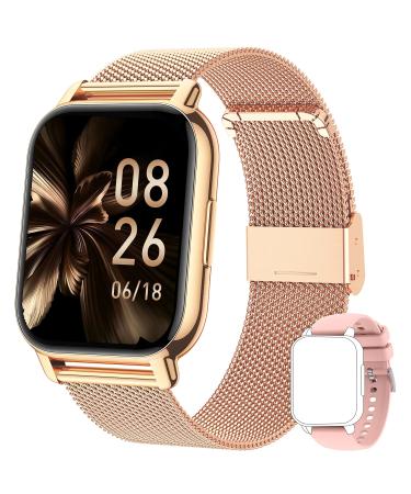 Popglory Smart Watch Call Receive/Dial, 1.85'' Smartwatch with AI Voice Control, Blood Pressure/SpO2/Heart Rate Monitor, Fitness Tracker Watch with 2 Straps for Men & Women iOS & Android Phones Rose Gold+Pink