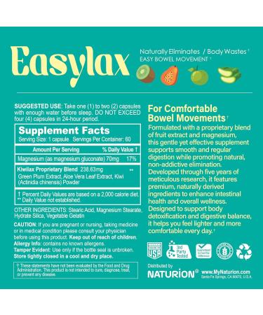 Easylax - Supports Healthy Bowel Movements Digestive Health & Natural Elimination - Gentle and Safe with Magnesium & Kiwi Proprietary Blend - 60 Vegan Capsules 60 Day Supply 60 Count (Pack of 1) - Buy Online on GoSupps.com