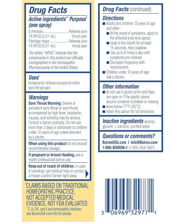 Boiron ThroatCalm Spray for Soothing Sore Throat Relief - Plant-Powered with Echinacea Natural Mint-Like Herbal Flavor - Non-Numbing & Benzocaine-Free - .68 Fl Oz (Pack of 2) - Buy Online on GoSupps.com