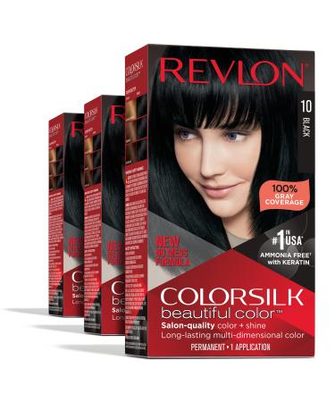 Permanent Hair Color by Revlon, Permanent Hair Dye, Colorsilk with 100% Gray Coverage, Ammonia-Free, Keratin and Amino Acids, 10 Black, 4.4 Oz (Pack of 3) 10 Black 3 Count (Pack of 1) OLD VERSION