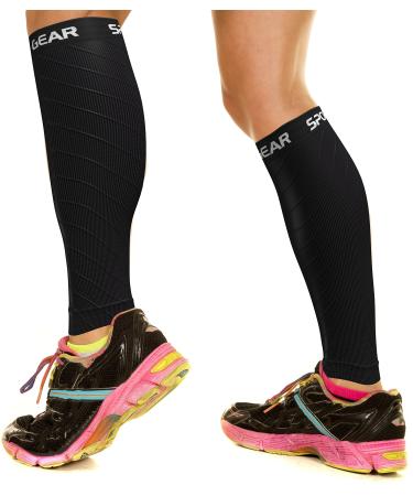 Physix Gear Sport Compression Calf Sleeves Men & Women Shin Splint Compression Sleeve 20-30mmhg, Best Footless Compression Socks for Running, Nurses, Pregnancy, Post-Surgery Relief (1 Pair) S/M - M/L | 12" - 16" Calf Black (1 Pair)