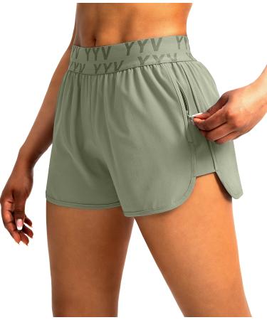 YYV Women's Running Shorts with Zipper Pockets Quick-Dry Elastic Waist Band Athletic Gym Shorts for Women with Liner Grey Sage Medium