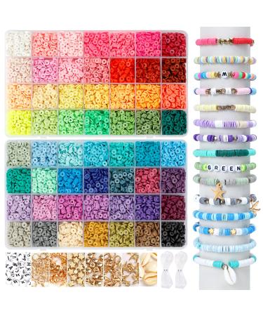 QUEFE 14420pcs Clay Beads for Bracelet Making Kit, 56 Colors Spacer Heishi Beads Flat Round Polymer Clay Beads with Pendant Charms Kits and Elastic Strings