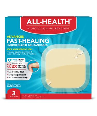 All Health Advanced Fast Healing Hydrocolloid Gel Bandages, Extra Large Wound Dressing, 3 ct | 2X Faster Healing for First Aid Blisters or Wound Care 3 Count (Pack of 1)