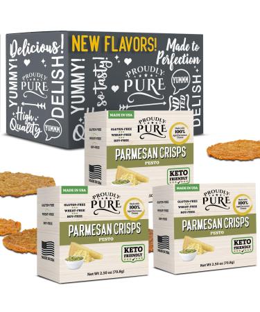 Proudly Pure Parmesan Cheese Crisps - Keto Snacks Zero Carb Crunchy Delicious Healthy 100% Natural Aged Cheesy Parm Chips Wheat & Gluten Free Keto Crackers Low Carb Snacks (Pesto, 3 Pack) Pesto 1 Count (Pack of 1)