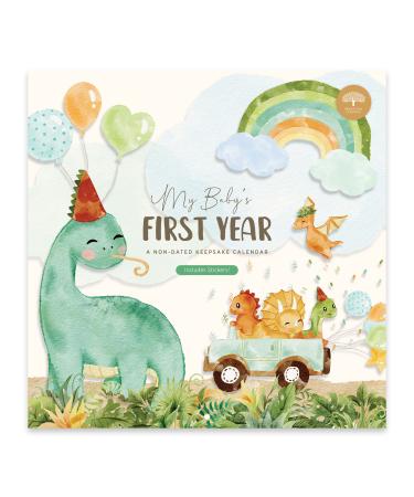 Baby's First Year Calendar by Bright Day - 1st Year Tracker - Journal Album to Capture Precious Moments - Milestone Keepsake for Baby Girl or Boy Dinosaur Dinosaurs