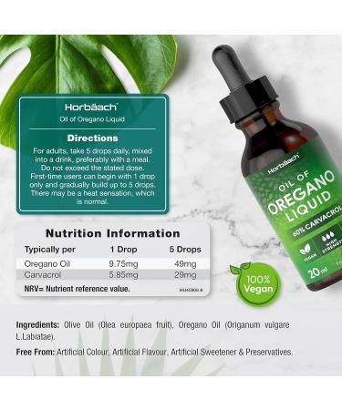 High Strength Oregano Oil Drops | 60% Carvacrol | 20ml Vegan Friendly Liquid Supplement by Horbaach - Buy Online on GoSupps.com