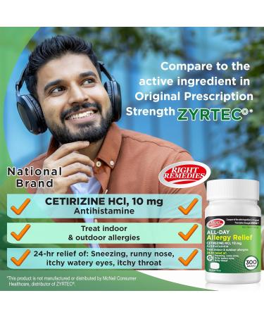 RIGHT REMEDIES 24-Hour Allergy Medicine Antihistamine (300 Tablets) | Cetirizine 10mg | for Pollen Itchy Eyes Sneezing Runny Noses | Compare to The Active Ingredient in Original Strength Zyrtec  - Buy Online on GoSupps.com