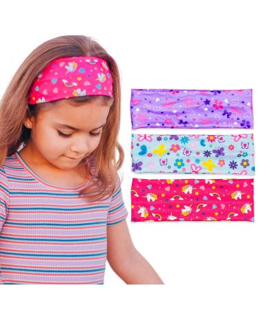 FROG SAC 3 Wide Headbands for Girls, Soft Stretch Fabric Butterfly Unicorn Heart Headband for Kids, Princess Tiara Elastic Hair Accessories, Athletic Yoga Girl Head Bands Cute Icons