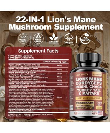 MEGNETA 22 in 1 Multi Mushrooms Capsules Lions Mane Cordyceps Sinensis Reishi Mushroom Turkey Tail Mushroom (1 Pack 60 Count) - Buy Online on GoSupps.com