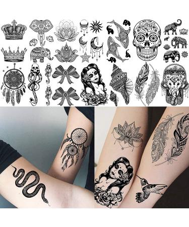 Shegazzi 58 Sheets Black Lace Temporary Tattoos for Women - Large Lotus Mandala Flower Snake Elephant Butterfly Fake Tattoos Kit - Indian Tribal Skull Tattoos Adults - Arm Sleeve Neck Wedding - Buy Online on GoSupps.com