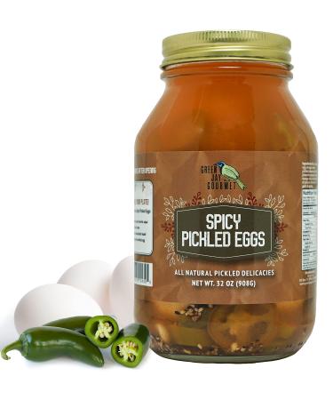 Green Jay Gourmet Spicy Pickled Eggs in a Jar  Fresh Hand Jarred Hen Eggs for Cooking & Pantry  Full Spicy Flavor - Simple Natural Ingredients - 32 Ounce Jar Spicy 2 Pound (Pack of 1)