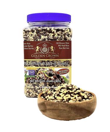 Golden Crown Multigrain Blend | Premium Quality 100% Naturally Fragrant Sweet Flavorful for Vegetarian Black Brown Purple Hulless Barley Rye Berries SG MG GMO-Free Rice (6 Grains) - 32 oz (2 LBS)