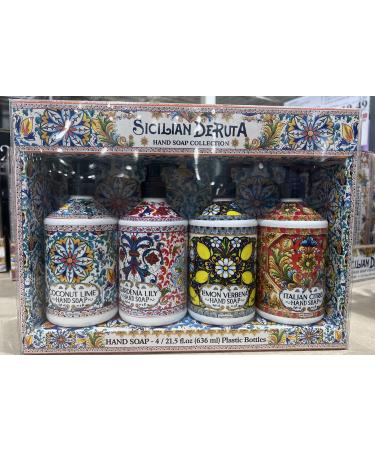 Sicilian Deruta | Hand Soap Collection | 4 x 21.5 fl.oz Plastic Bottles | Italian Citrus | Lemon Verbena | Gardenia Lily | Coconut Lime