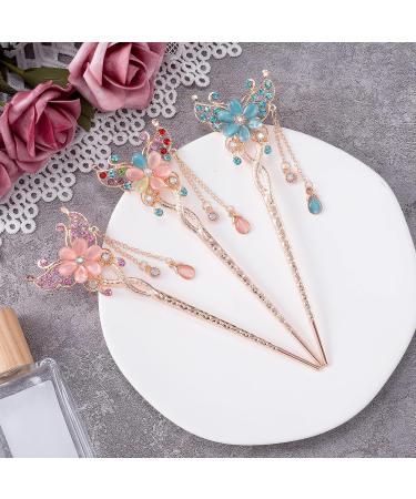 OIIKI Butterfly Flowers Hair Sticks Pins for Buns - 3pcs Chinese Flower Hair Chopsticks Hairpins | Vintage Rhinestone Tassel Hair Accessories - Buy Online on GoSupps.com