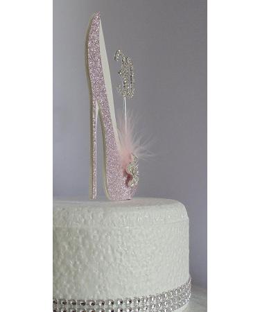 18th Pink and White Birthday Cake Decoration Shoe with Feathers and Crystal Flower Embellishments and Diamante Number Non- Edible (pink white feather 18) - Buy Online on GoSupps.com