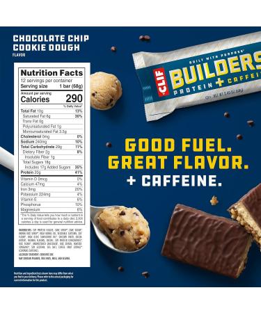 CLIF BUILDERS + Caffeine Protein Bars - Chocolate Chip Cookie Dough Flavor - 20g Plant Based Protein - Gluten Free - Non-GMO - Low Glycemic - No Artificial Sweeteners - 2.4 oz. (12 Pack) Chocolate Chip Cookie Dough 1 Count  - Buy Online on GoSupps.com