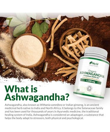Organic Ashwagandha KSM-66 1200mg - 5% Withanolides - 180 Vegan Capsules not Tablets - High Strength Ashwaganda Enhanced with Black Pepper - Soil Association Certified - Nu U Nutrition - Buy Online on GoSupps.com