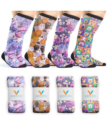 Viasox 4 Pack Paws & Petals Non-Binding Diabetic Socks for Men & Women X-Large