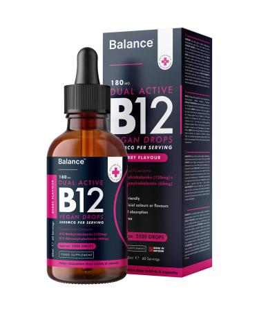 Vitamin B12 Liquid Drops - Vegan - High Strength 3000mcg - 2 Month Supply - 60 Servings - 18 000mcg per 60ml Dropper Bottle - Sublingual & Dual Action for Fast Absorption - Made in The UK by Balance - Buy Online on GoSupps.com