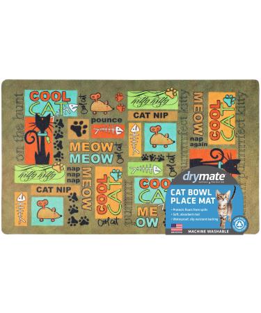 Drymate Cat Bowl Placemat, Pet Food Feeding Mat - Absorbent Fabric, Waterproof Backing, Slip-Resistant - Machine Washable/Durable (USA Made) Small (12" x 20") Cool Cat Brown