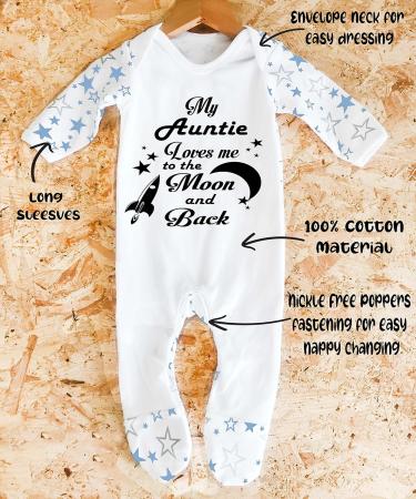 My Auntie Loves Me to The Moon and Back Sleepsuit | 3-6 Months | UK Designed | 100% Cotton | White/Blue Stars - Buy Online on GoSupps.com