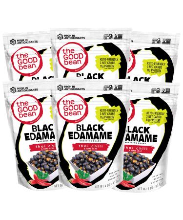 The Good Bean Black Edamame Snacking Beans - Thai Chili and Lime Leaf - (6 Pack) 4 oz Resealable Bag - Roasted Black Soybeans - Keto-Friendly Snack with Good Source of Plant Protein and Antioxidants