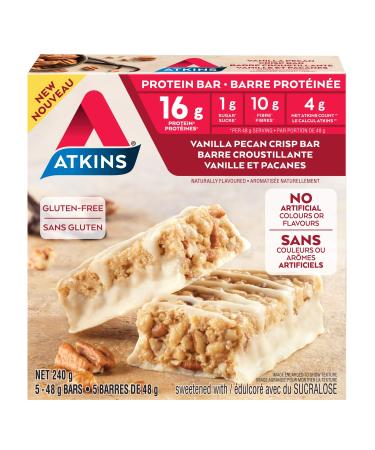 Atkins Protein Bars - Vanilla Pecan Crisp Low Sugar Keto Friendly High Protein High Fibre 1g Sugar 4g Carbs 5ct