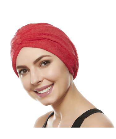 BEEMO Women s Soft Terry Cloth Turban Head Cover with Knot or Button Head Wrap Red