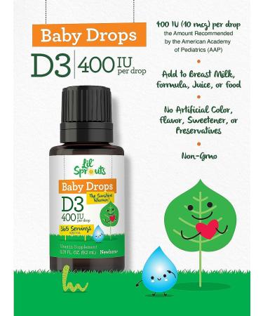Carlyle Lil' Sprouts Baby Vitamin D3 400 IU | Liquid Drops | 1 Year Supply | Non-GMO & Gluten-Free Formula for Infants - Buy Online on GoSupps.com