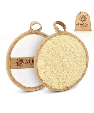 Almooni Premium Egyptian Exfoliating Loofah Pad Body Scrubber - Round loofa Shape - Made with Natural Egyptian Shower lufa Sponge That Gets You Clean - Not Just Spreading Soap -2 Pack