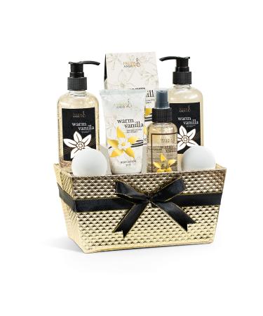 Bath and Body Gift Basket For Women and Men 8 Piece Set of Warm Vanilla Bath & Body Collection Gift Basket Includes Shower Gel Bubble Bath Body Lotion Body Mist & More - Appreciation Gift Ideas