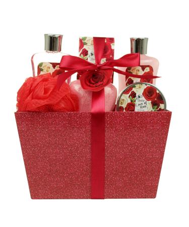 Bath and Body - Spa Gift Baskets for Women & Girls Spa Kit Birthday Gift Includes Love of Rose Scent Shower Gel Bubble Bath Body Lotion Bath Salt Red Bath Puff and Heart Bath Bomb
