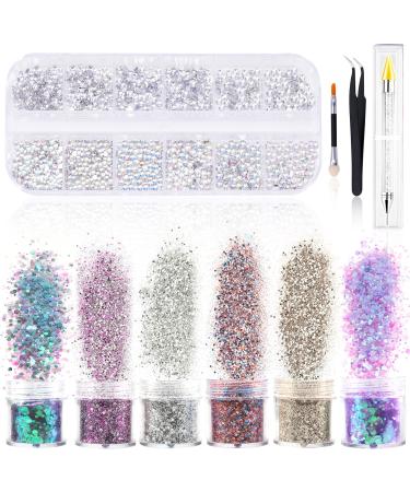 Howaf 6 boxes Nail glitter sequins 800PCs stick stone nails brushes tweezers gemstones picker dotting pen crystal self -adhesive glitter stones nail face body make -up decoration