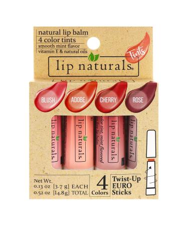 Lip Naturals Tinted Lip Balm 4 Pack of Assorted Colors with Beeswax Coconut Oil Vitamin E and Aloe - Moisturizing Lip Care with a Smooth Mint Flavor