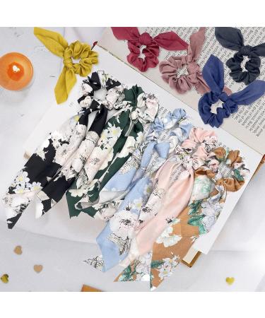 10 Pcs Floral Hair Scrunchies with Scarf | Vintage Hair Ribbons for Women and Girls - 2 in 1 Hair Accessories - Buy Online on GoSupps.com