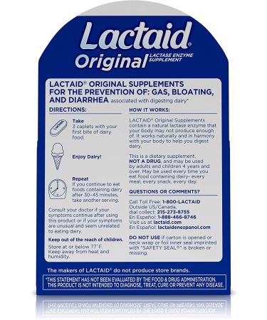 Lactaid Original Strength 120 ct Lactose Intolerance Relief Caplets with Natural Lactase Enzyme - Pack of 1 - Buy Online on GoSupps.com