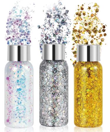 Glitzer face gel mermaid sequins glitter body gel festival glitter face gel eyeshadow face glitter make -up for festival music festivals party masquerade body lips#gold+silver+silver+white 3 pack