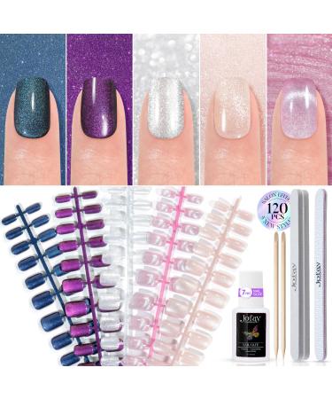 Cat Eye Press on Nails Short 5 Styles Jofay Fashion 120Pcs Salon-Like Fake Nails with Glitter Galaxy Chasing Light Cat Eye Designs Artificial Acrylic Nails Gel Glue on Nails Stick on Nails for Women Set B