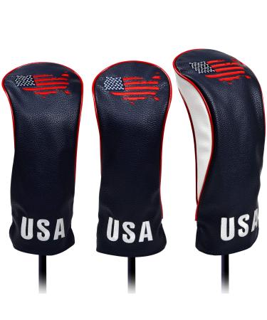 USA Golf Head Covers for Driver & Fairway Woods - Premium Leather Headcovers, Designed to Fit All Woods and Drivers Navy