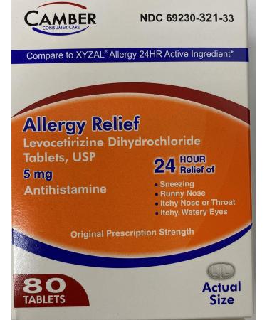 Camber Consumer Care Levocetirizine Dihydrochloride 5mg Antihistamine Tablets Compare to Xyzal Active Ingredient Allergy Relief Medicine (80 Count)