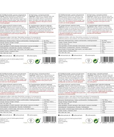  CRAFTSMAN FINEST FOODS Craftsman Beef Jerky 4 x 100 g 400 g Made in Germany Bavaria Dehydrated Meat Blend Protein 68% Dry Meat Biltong 100% Natural Sugar Free Hemp Pepper Smoky Chili - Buy Online on GoSupps.com
