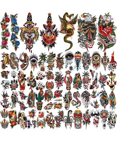 Sailor Jerry Style Vintage Flower Rose Temporary Tattoos - 77 Classic Old School Stickers for Men, Women, Adults, and Kids - Buy Online on GoSupps.com