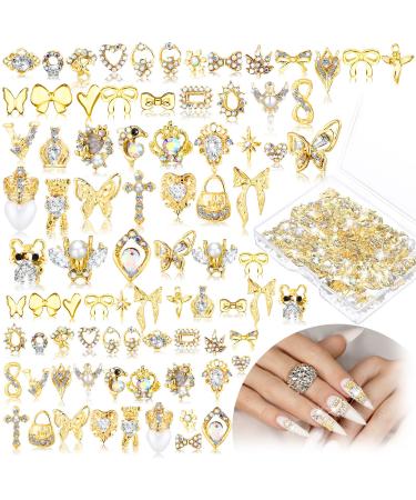 100 Pcs Gold Nail Charms for Acrylic Nails Gold Nail Rhinestones 3D Nail Charms Heart Nail Gems Luxury Decor Diamonds for Nail Art Shiny Nail Stones Beauty Nail Design Crystals for DIY Women Nail