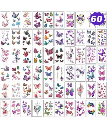 Coszeos 60Sheets Butterfly Tattoos for Women Girls Kids  3D Fake Temporary Flower Colorful Butterflies Wings Tattoo Stickers Art Waterproof for Face Body Arm Birthday Party Favors Supplies Gifts