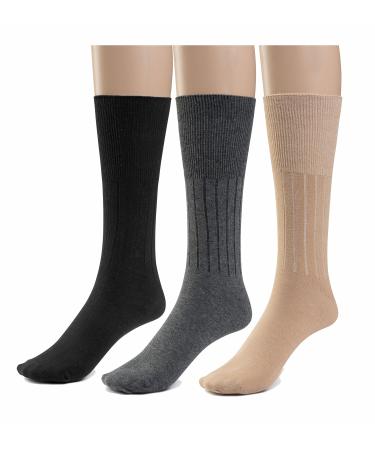 Silky Toes Cotton Diabetic Socks for Men Non Binding Seamless Dress Socks 3 or 6 Pk Multi Colors Big Sizes 10-13 Black/Grey/Tan - 3 Pairs