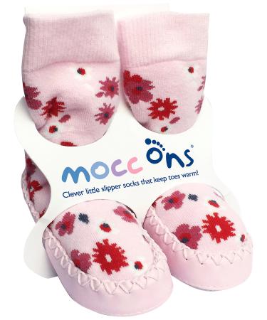 Mocc Ons moccasin washable leather sole slipper socks (6-12 Months Floral Ditsy)