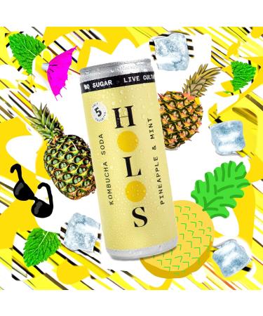HOLOS Kombucha Soda - Pineapple & Mint 250ml x 12 Cans | No Sugar, Live Cultures, Vegan, Gluten-Free - Buy Online on GoSupps.com